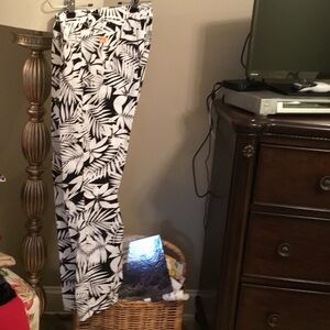 Black and White Leaf Print Straight Leg Pants
